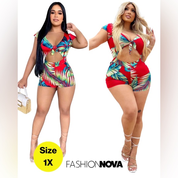 2/for $15🌴FASHION NOVA🌴Red Tropical Print Shorts Romper 🏝️ (Size 1X) - Picture 1 of 16